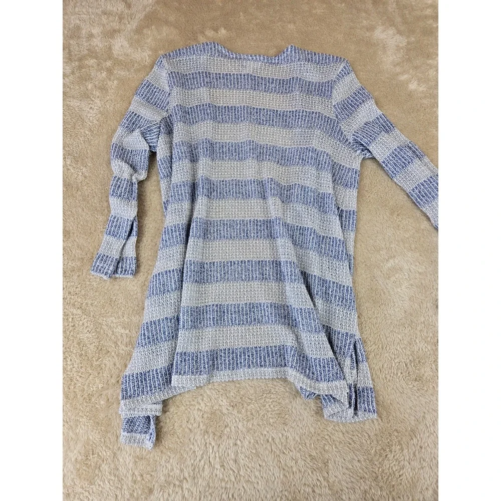 Kim Rogers Blue White Striped Open Front Cardigan Sweater Womens Med Side Slit‎